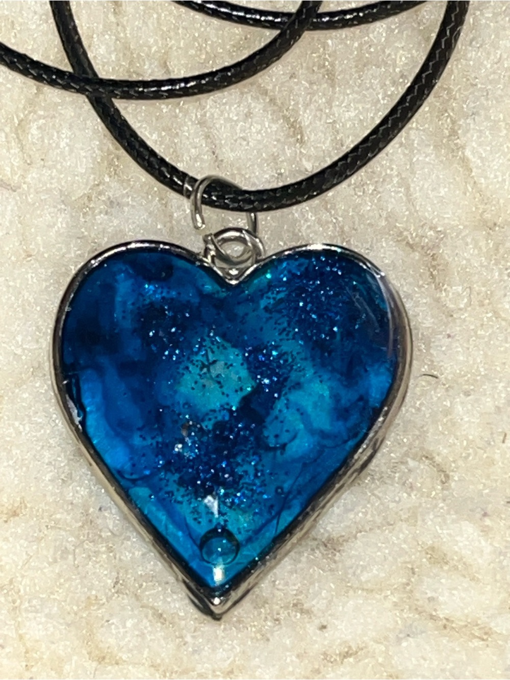 Handmade Blue Resin Heart Pendant Necklace Black Cord OOAK